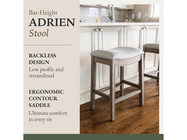 Maven Lane Adrien 31 Inch Bar Height Upholstered Backless Saddle Barstool in Reclaimed Oak Finish with Ash Grey Fabric Cushion Seat, Set of 3