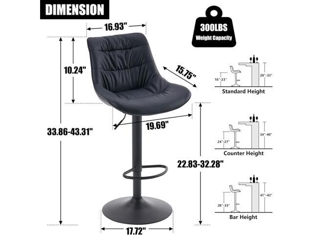 Kidol & Shellder Bar Stools Set of 2 Adjustable Swivel Black, PU Leather Upholstered with Back, Modern Counter Height Stools for Kitchen Island,...