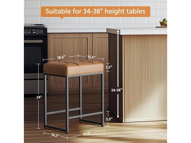Yaheetech Bar Stools Set of 2, 24 Inch Counter Height Bar Stools Set, Backless Kitchen Island Stools, Faux Leather Stools for Kitchen Counter, Brown