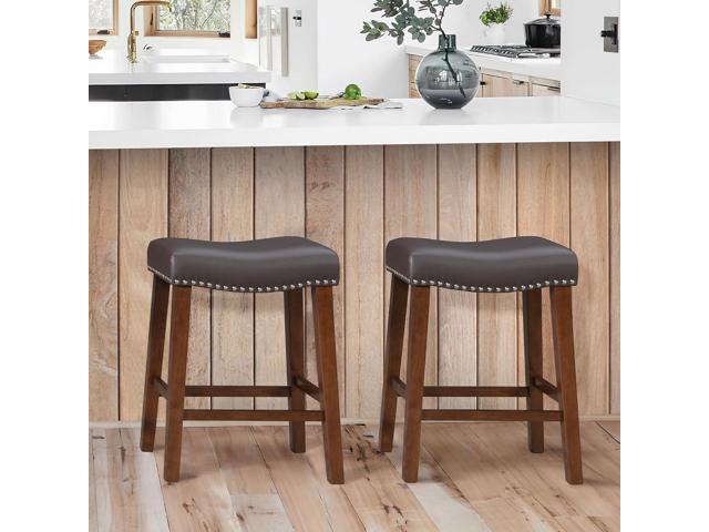 26' Backless Bar Stools Set of 2 - Counter Height Barstools with Faux Leather Upholstered Saddle Seat, Modern Wood Backless Bar Stools for Kitchen...