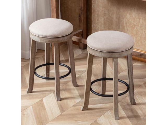 Farmhouse Linen Round Bar Stools Set of 4, 360° Swivel 25.6' Counter Height Stools with Solid Wood Legs Backless Low Barstools with Footrest for...