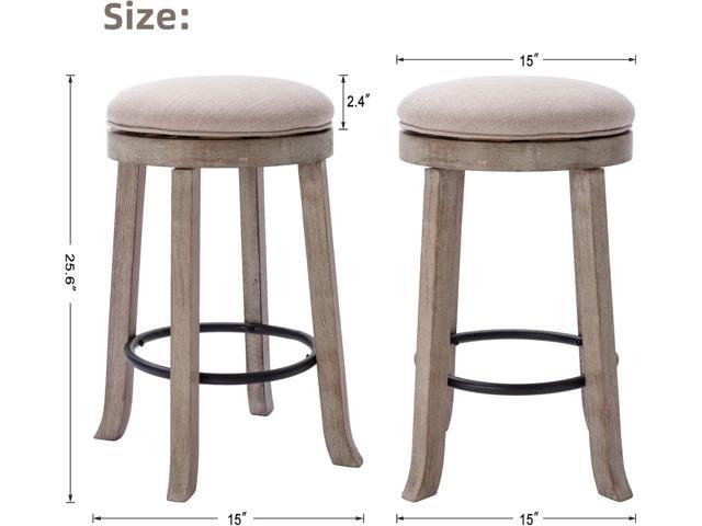 Farmhouse Linen Round Bar Stools Set of 4, 360° Swivel 25.6' Counter Height Stools with Solid Wood Legs Backless Low Barstools with Footrest for...