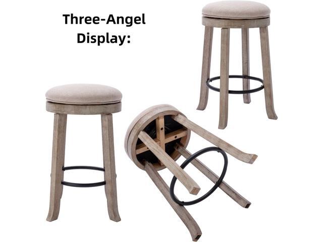 Farmhouse Linen Round Bar Stools Set of 4, 360° Swivel 25.6' Counter Height Stools with Solid Wood Legs Backless Low Barstools with Footrest for...