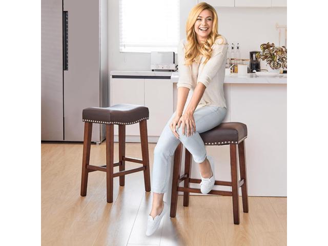 PrimeZone Counter Height Bar Stools Set of 2 - Backless Saddle Barstools with 4.3' Thick Upholstered, Nailhead Trim Faux Leather & Solid Wood Legs,...