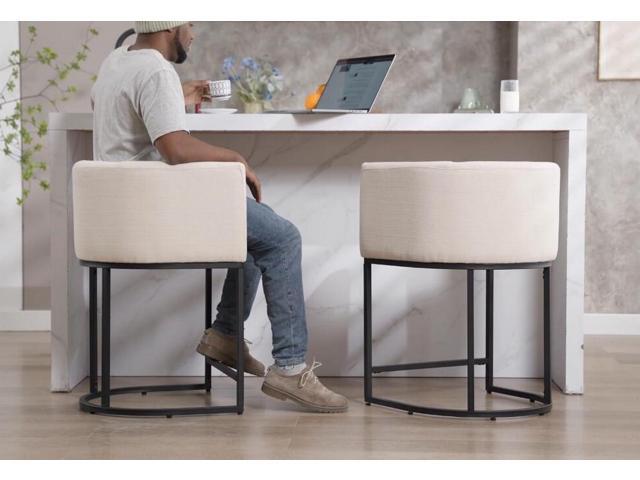 Contemporary Cream Linen Bar Stools Set of 3, 24' Upholstered Fabric Counter Height Barstools Kitchen Counter Island Stools with Screwed Together...