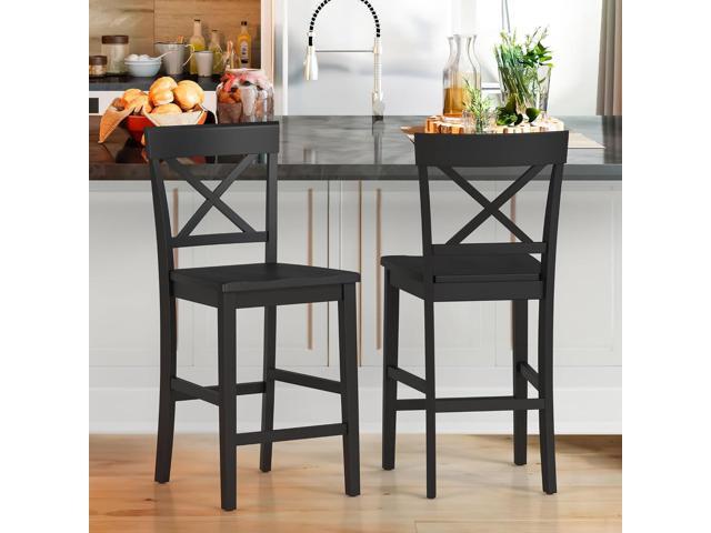 Counter Height Bar Stools Set of 2, 24' H Wooden Counter Stools with Back and Footrest, X-Back Farmhouse Barstools for Kitchen Island, Home Bar, Black