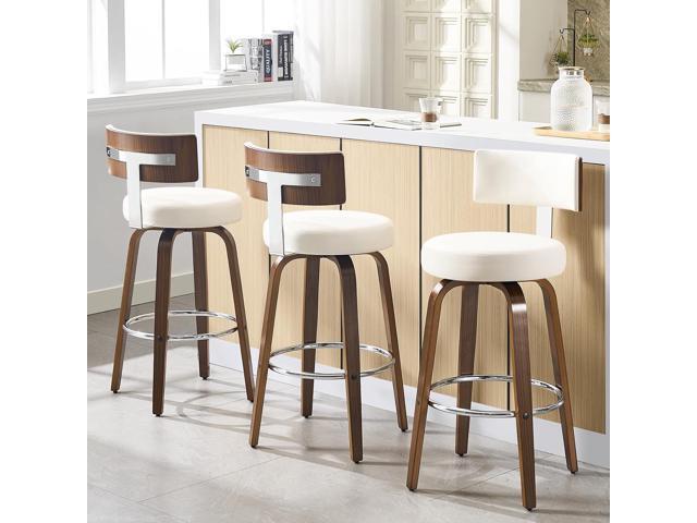 Swivel Bar Height Bar Stools Set of 3, Faux Leather Kitchen Stools Upholstered Barstools with Back, Walnut Wood Legs, Tall Bar Stools for Kitchen...