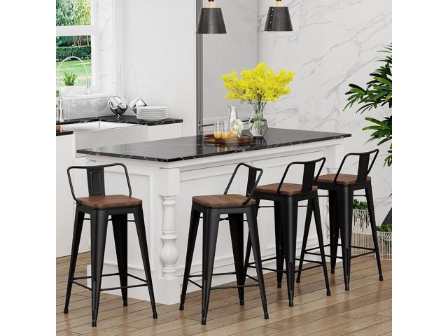 Yongchuang 26 inch Bar Stools Set of 4 Kitchen Counter Height Barstools with Wood Seat Metal Low Back Bar Chairs Matte Black