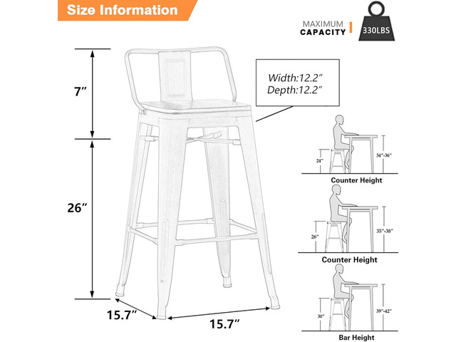 Yongchuang 26 inch Bar Stools Set of 4 Kitchen Counter Height Barstools with Wood Seat Metal Low Back Bar Chairs Matte Black