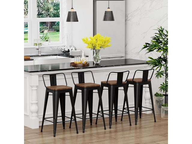 Yongchuang 26 inch Bar Stools Set of 4 Kitchen Counter Height Barstools with Wood Seat Metal Low Back Bar Chairs Matte Black