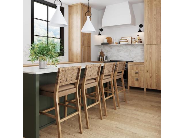 Nathan James Cohen Mid-Century Modern 29 in. Wood Bar Stool, Upholstered Faux Leather Bar Height Stool with Solid Wood Frame, Natural Brown