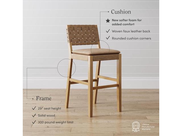 Nathan James Cohen Mid-Century Modern 29 in. Wood Bar Stool, Upholstered Faux Leather Bar Height Stool with Solid Wood Frame, Natural Brown