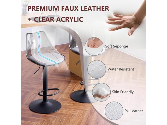 Modern Swivel Bar Stools Set of 2, Faux Leather Upholstered Counter Height Stools with Clear Acrylic Backrest, Adjustable Bar Stools for Kitchen...