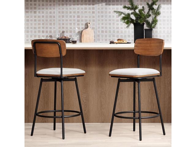 CHITA Swivel Counter Height Bar Stools, Fabric Upholstered Barstools Set of 2, 27' Seat Height, Metal & Wood Frame, Cream
