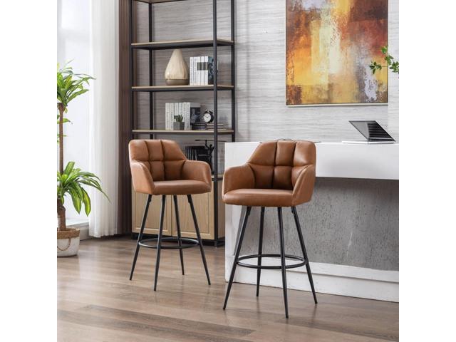 Leather Bar Stools Set of 4 Bar Height Stools with Backs Brown Bar Chair for Kitchen Island Modern Barstools with Black Metal Legs, 30 Inch Bar Stools