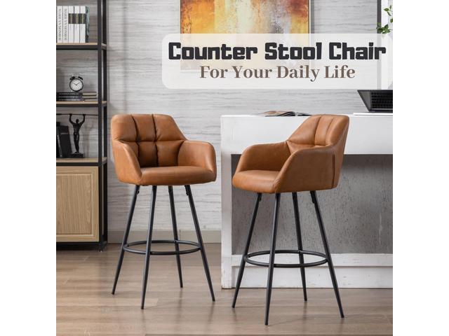 Leather Bar Stools Set of 4 Bar Height Stools with Backs Brown Bar Chair for Kitchen Island Modern Barstools with Black Metal Legs, 30 Inch Bar Stools