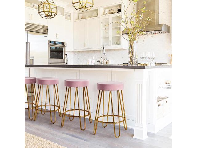 Yaheetech Bar Stools Set of 2, Velvet Round Counter Stools, Backless Counter Height Bar Chairs with Golden Legs for Kitchen Dining Room Pub Cafe, Pink