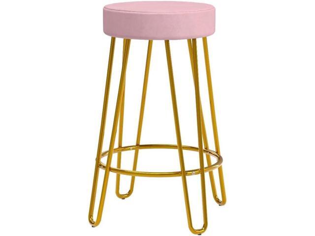 Yaheetech Bar Stools Set of 2, Velvet Round Counter Stools, Backless Counter Height Bar Chairs with Golden Legs for Kitchen Dining Room Pub Cafe, Pink