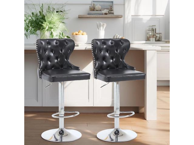 Set of 2 Adjustable Swivel Bar Stools,PU Leather Upholstered Counter Height Chairs with Nailhead Trim, Silver Footrest, and High Back for Kitchen...
