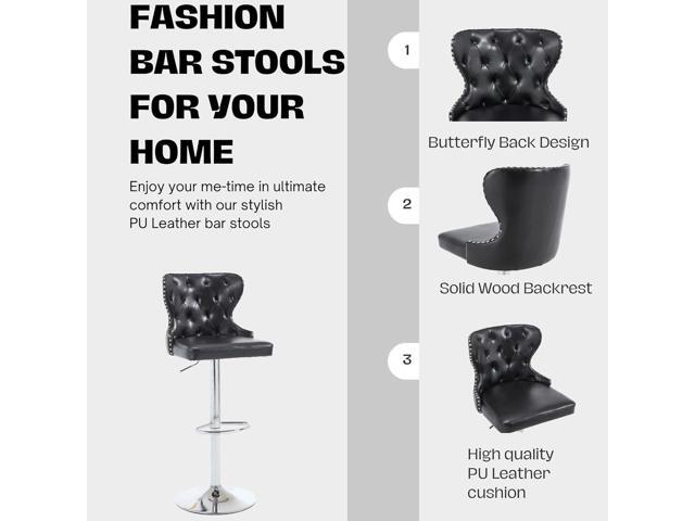 Set of 2 Adjustable Swivel Bar Stools,PU Leather Upholstered Counter Height Chairs with Nailhead Trim, Silver Footrest, and High Back for Kitchen...