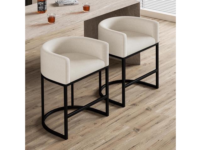 26' H Counter Height Bar Stools Set of 3, Modern Barrel Counter Stools with Backrest and Arms, Linen Fabric Upholstered Accent Barstools for...