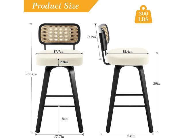Swivel Bar Height Stools Set of 2, Upholstered Faux Leather Barstools with Rattan Back, 29' Seat Height Tall Bar Stools for Kitchen Counter, Black...