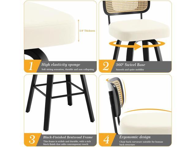 Swivel Bar Height Stools Set of 4, Upholstered Faux Leather Barstools with Rattan Back, 29' Seat Height Tall Bar Stools for Kitchen Counter, Black...