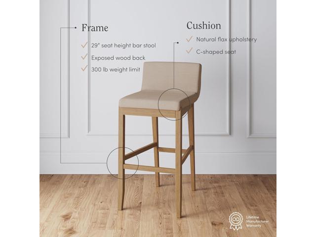 Nathan James Gracie Modern Bar Stool with Back, Cushioned Bar Height Stool with Natural Flax Upholstery and Brushed Wooden Legs, Natural...