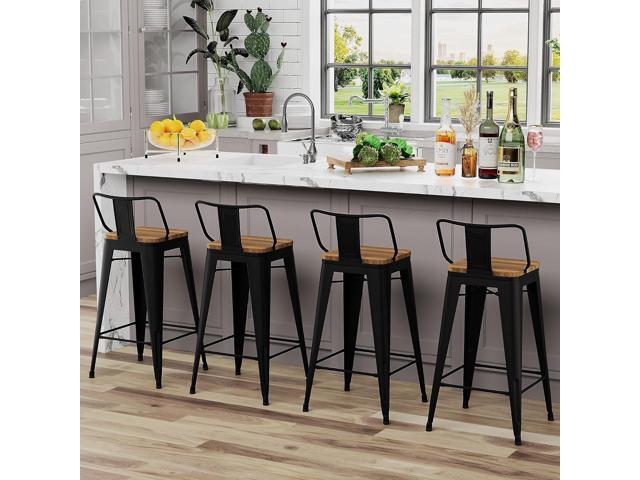 Andeworld Metal Bar Stools Set of 4 Kitchen Counter Stools Bristro Barstools Industrial Bar Stools (24 Inch, Black with Wooden Seats)
