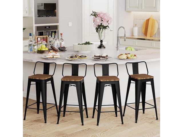 Andeworld Metal Bar Stools Set of 4 Kitchen Counter Stools Bristro Barstools Industrial Bar Stools (24 Inch, Black with Wooden Seats)