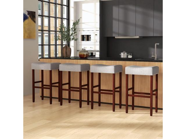 Giantex 29.5' Bar Height Bar Stools Set of 2 - Backless Saddle Barstools with Nailhead Linen Foam Seat, Max Load 330 Lbs Wood Bar Stools with Foot...