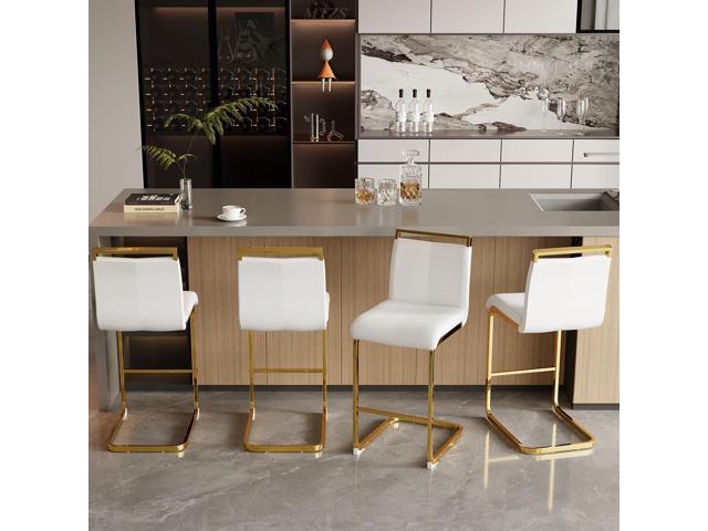 Bar Stools Set of 4,Gold Bar Stools with Back,25' White Island Chairs with Gold Chrome Plated Metal Leg,Faux Leather Counter Height Barstools for...