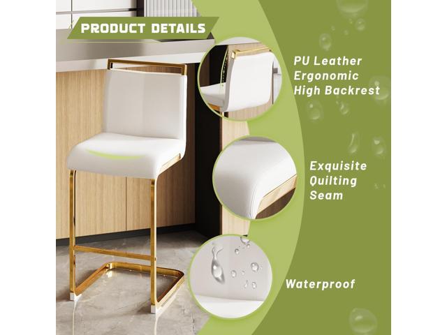 Bar Stools Set of 4,Gold Bar Stools with Back,25' White Island Chairs with Gold Chrome Plated Metal Leg,Faux Leather Counter Height Barstools for...