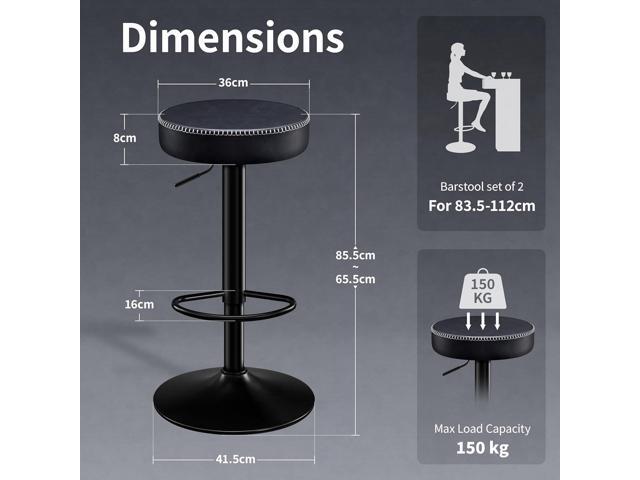 Swivel Bar Stools Set of 2 Black Microfiber Leather Counter Height Bar Stools with Round Seat Adjustable Backless Barstools Modern Tall Bar Chairs...