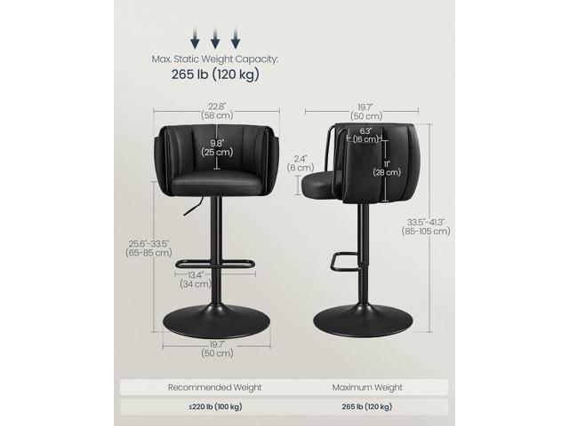 SONGMICS Home 360° Swivel Bar Stools Set of 2, Height Adjustable Barstools with Curved Back, Upholstered Counter Bar Stools with Footrest, Large...