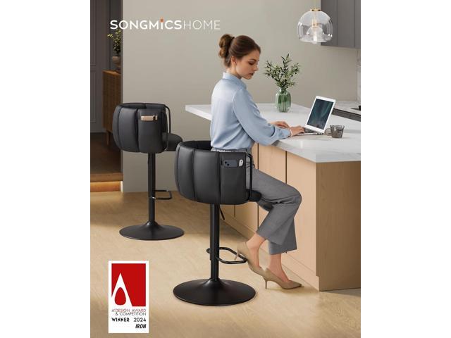 SONGMICS Home 360° Swivel Bar Stools Set of 2, Height Adjustable Barstools with Curved Back, Upholstered Counter Bar Stools with Footrest, Large...