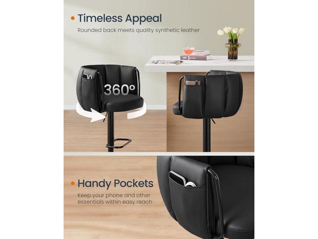 SONGMICS Home 360° Swivel Bar Stools Set of 2, Height Adjustable Barstools with Curved Back, Upholstered Counter Bar Stools with Footrest, Large...