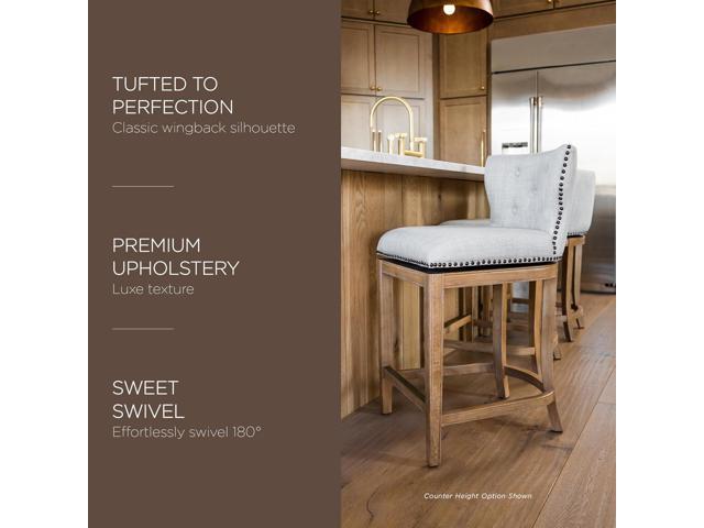 Maven Lane Hugo 31 Inch High Bar Height Barstool with Low Back in Weathered Oak Finish with Sand Color Fabric Upholstered Seat