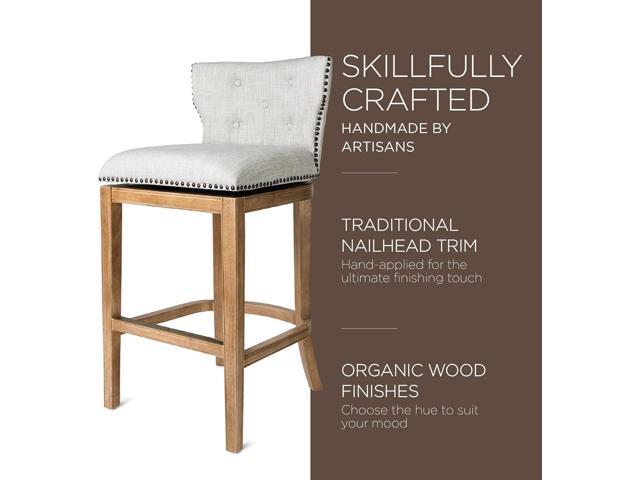 Maven Lane Hugo 31 Inch High Bar Height Barstool with Low Back in Weathered Oak Finish with Sand Color Fabric Upholstered Seat