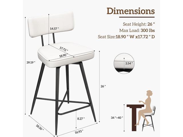 Swivel Counter Height Bar Stools Set of 4, 26' Leather Swivel Bar Stools with Backs, Metal Legs, Modern Stools for Kitchen Counter, White