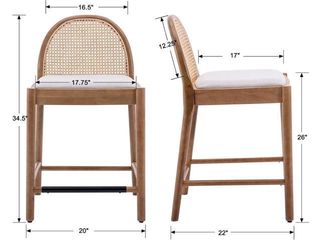 Mid-Century Bar Stools Set of 2, 26 Inch Rattan Back Linen Counter Height Barstools Comfy Upholstered Bar Chairs with Wooden Legs for Kitchen...