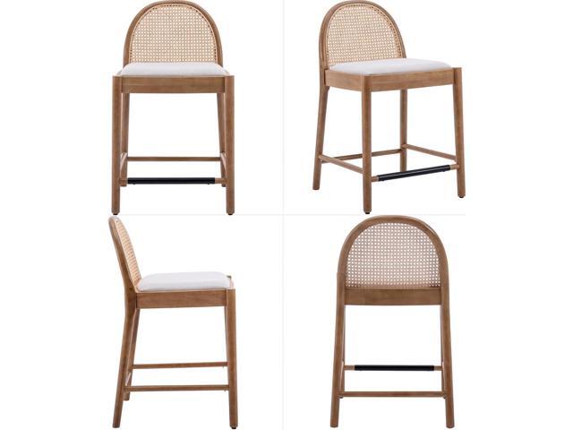 Mid-Century Bar Stools Set of 2, 26 Inch Rattan Back Linen Counter Height Barstools Comfy Upholstered Bar Chairs with Wooden Legs for Kitchen...