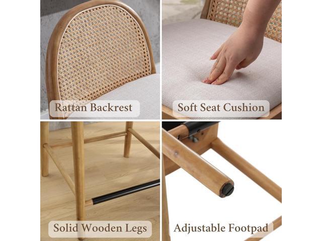 Mid-Century Bar Stools Set of 2, 26 Inch Rattan Back Linen Counter Height Barstools Comfy Upholstered Bar Chairs with Wooden Legs for Kitchen...