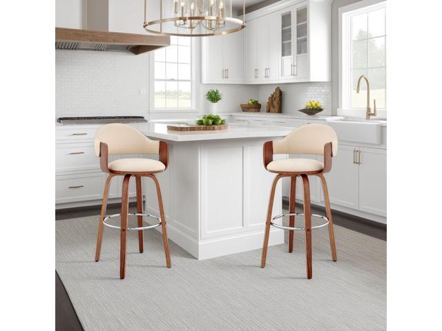 Armen Living Daxton Mid Century Modern Swivel Bar Stool for Kitchen Island Counter in Cream Faux Leather and Walnut Wood, 26' Seat Height