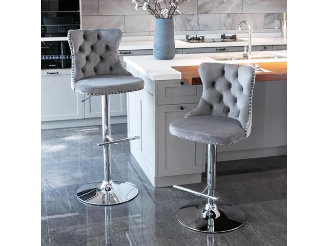 Swivel Counter Height Bar Stools Set of 2, Gray Kitchen Island Barstools, Velvet Adjustable Bar Height Stool Chairs, Tufted Back, Silver Chrome...