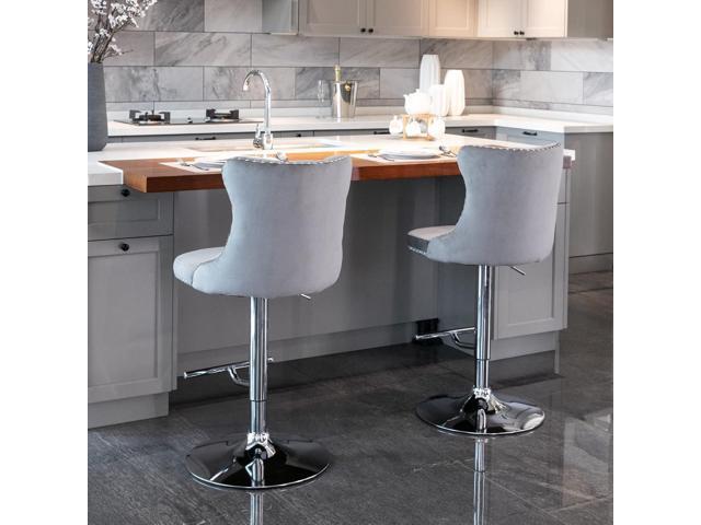 Swivel Counter Height Bar Stools Set of 2, Gray Kitchen Island Barstools, Velvet Adjustable Bar Height Stool Chairs, Tufted Back, Silver Chrome...