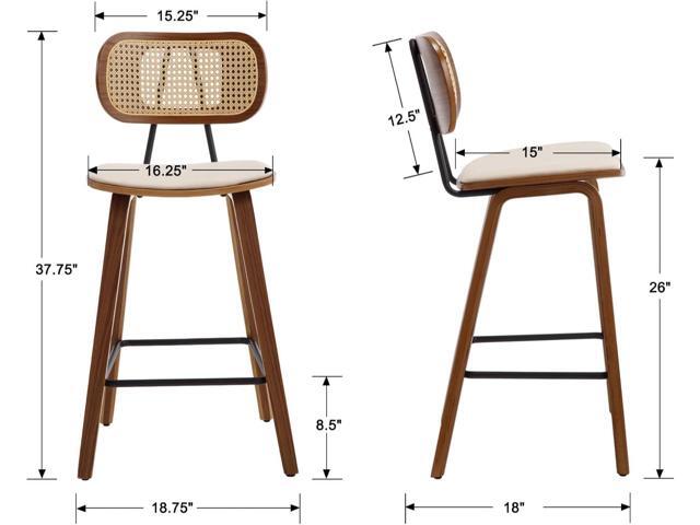 Mid-Century Bar Stools Set of 2, 26 Inch PU Leather Barstools with Open Rattan Backrest Wooden Legs Armless Bar Chairs for Kitchen Island Dining...