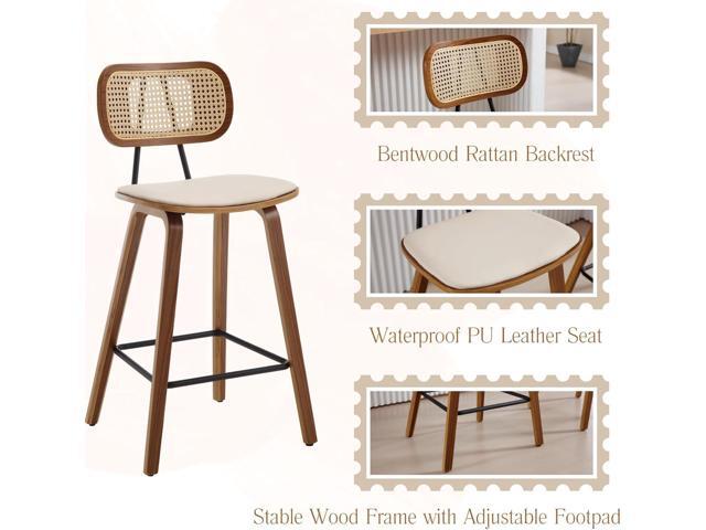 Mid-Century Bar Stools Set of 2, 26 Inch PU Leather Barstools with Open Rattan Backrest Wooden Legs Armless Bar Chairs for Kitchen Island Dining...