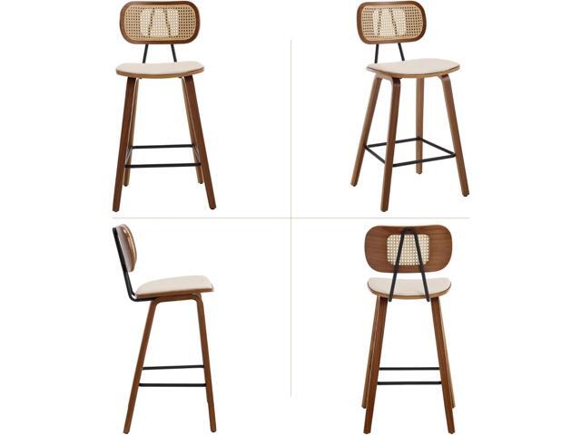 Mid-Century Bar Stools Set of 2, 26 Inch PU Leather Barstools with Open Rattan Backrest Wooden Legs Armless Bar Chairs for Kitchen Island Dining...