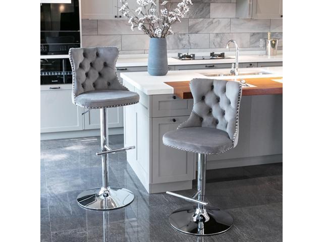 Modern Grey Velvet Bar Stools Set of 4, Adjustable Swivel Counter Height Bar Stools with Back, Upholstered Bar Height Chairs with Silver Footrest,...